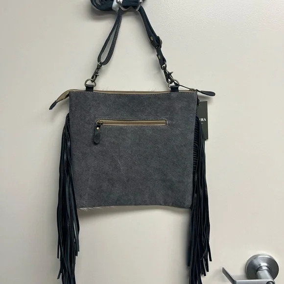 Myra Bag Black, White & Tan Cowhide Tooled Fringe Crossbody - Picture 2 of 2
